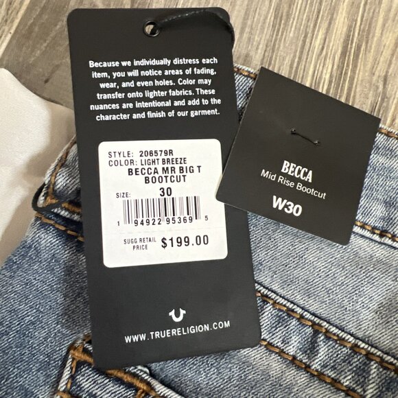 NWT TRUE RELIGION Denim Jeans BECCA Mr. Big T Mid Rise Bootcut 30 MSRP$199 - Picture 8 of 12